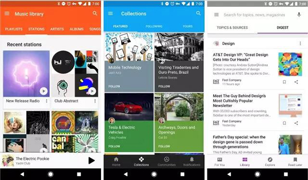 從左到右分別是 Play Music，Google Plus 及 Play Newsstand